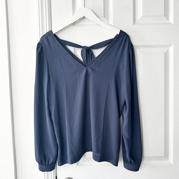 Ann Taylor LOFT Tops - Ann Taylor Loft Slate Blue Grey Double V Tie Back Cuff Sleeve Blouse NWT Small